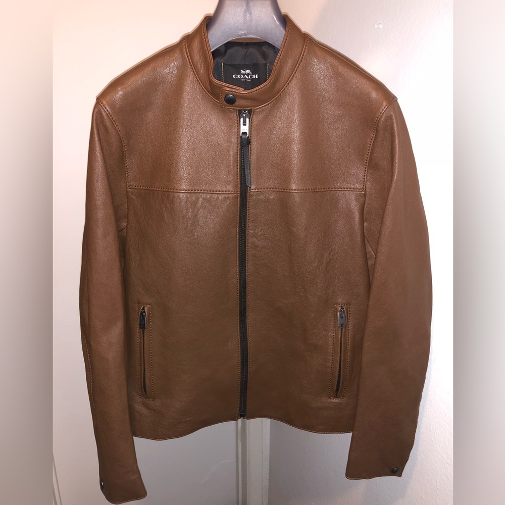 Coach Men's Brown Leather Bomber Racer Jacket Size S (Zara, AllSaints, Diesel)
